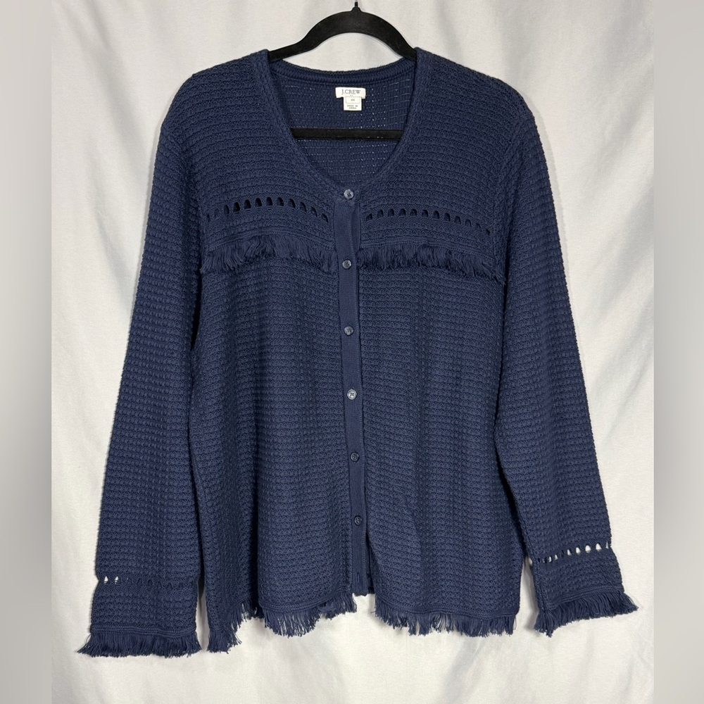 J. CREW Cardigan Sweater Women’s Navy Blue Fringe Waffle Knit Button-Up Sz 2X